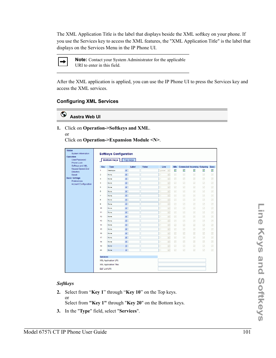Configuring xml services, Line keys and softkeys | Aastra Telecom 6757I CT User Manual | Page 111 / 310