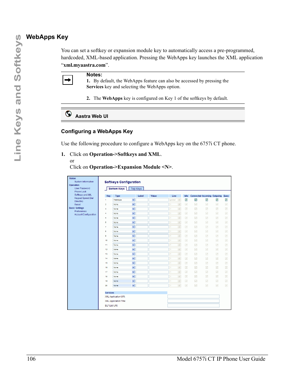 Webapps key, Configuring a webapps key, Line keys and softkeys | Aastra Telecom 6757I CT User Manual | Page 116 / 310