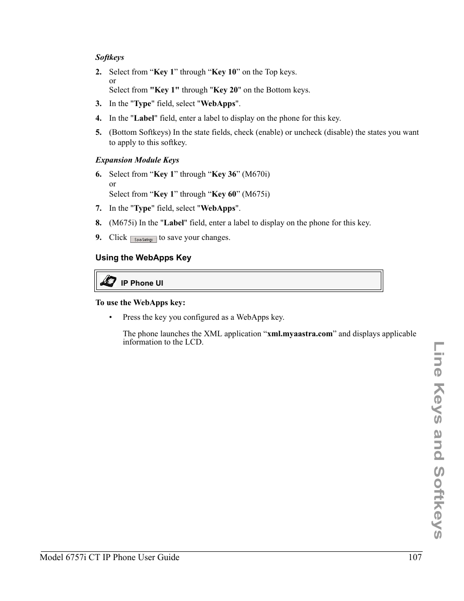 Using the webapps key, Line keys and softkeys | Aastra Telecom 6757I CT User Manual | Page 117 / 310