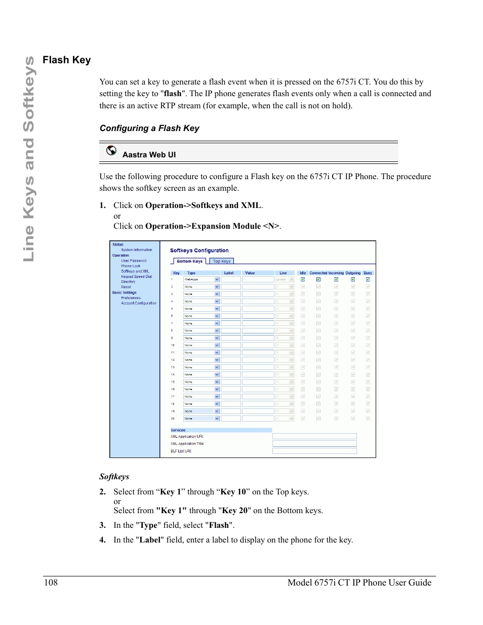 Flash key, Configuring a flash key, Line keys and softkeys | Aastra Telecom 6757I CT User Manual | Page 118 / 310