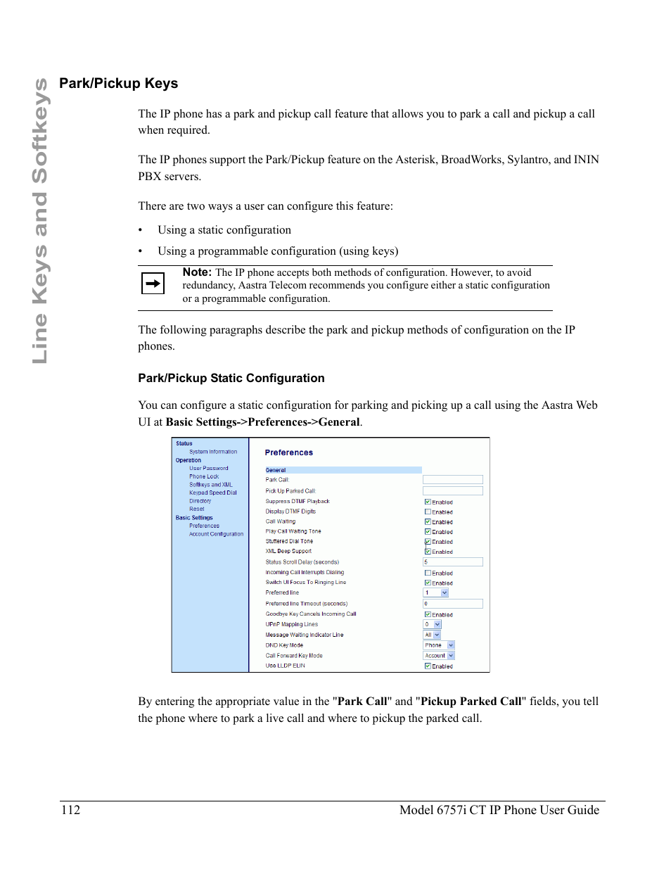 Park/pickup keys, Park/pickup static configuration, Line keys and softkeys | Aastra Telecom 6757I CT User Manual | Page 122 / 310