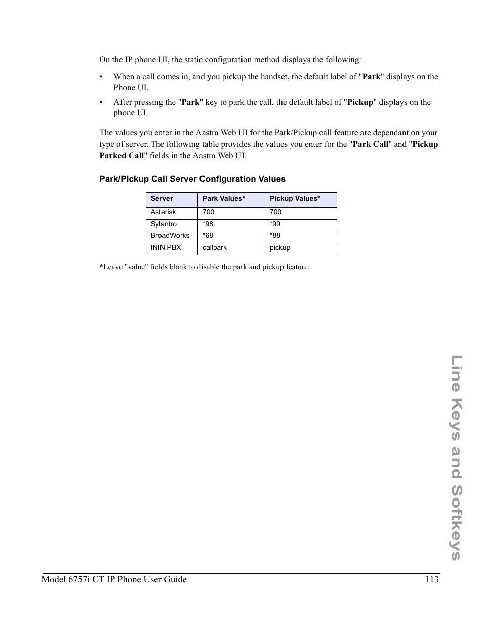 Park/pickup call server configuration values, Line keys and softkeys | Aastra Telecom 6757I CT User Manual | Page 123 / 310