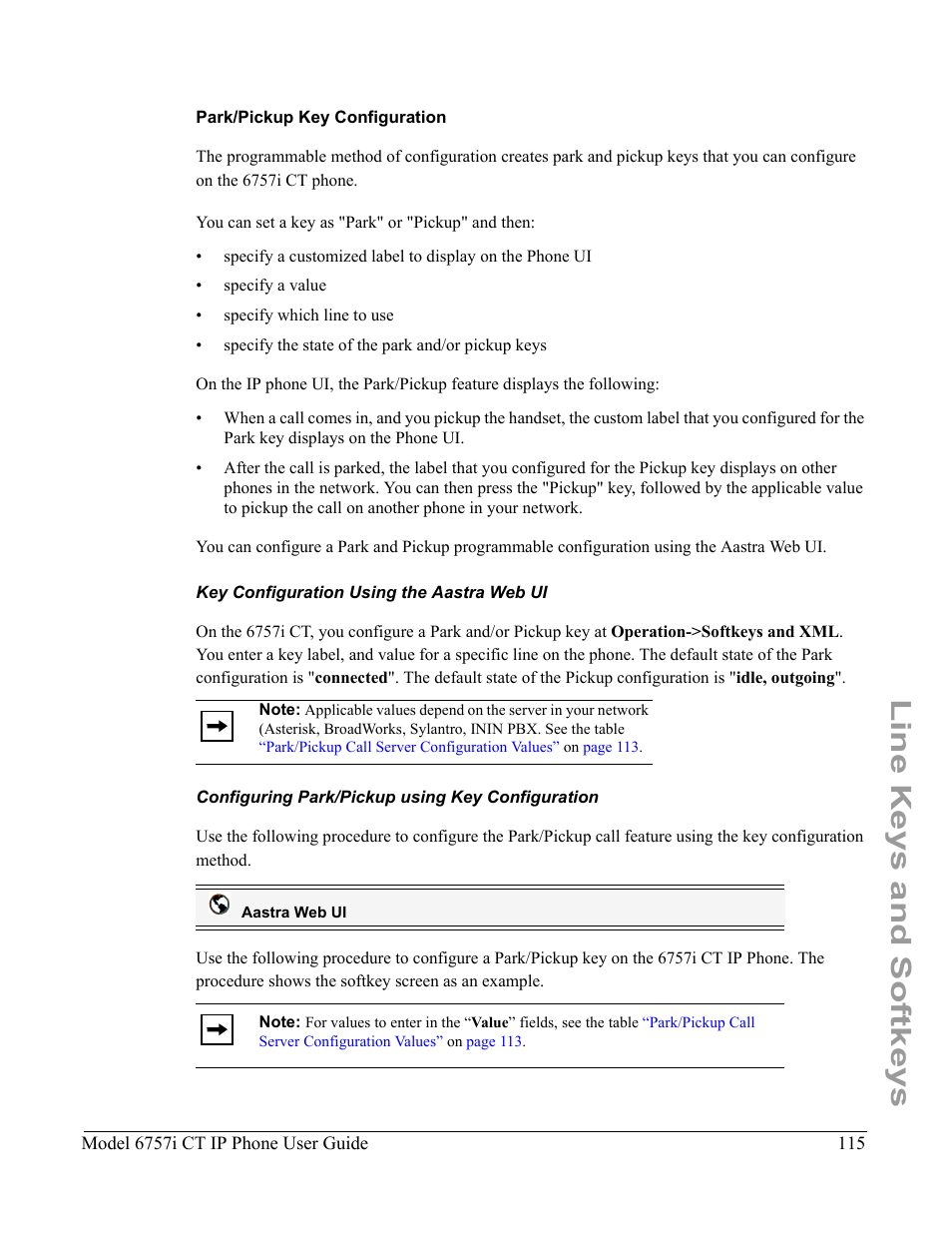 Park/pickup key configuration, Key configuration using the aastra web ui, Configuring park/pickup using key configuration | Line keys and softkeys | Aastra Telecom 6757I CT User Manual | Page 125 / 310