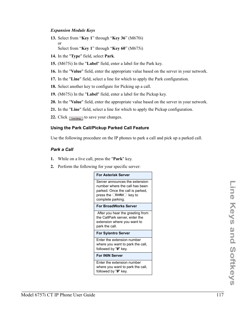 Using the park call/pickup parked call feature, Park a call, Line keys and softkeys | Aastra Telecom 6757I CT User Manual | Page 127 / 310