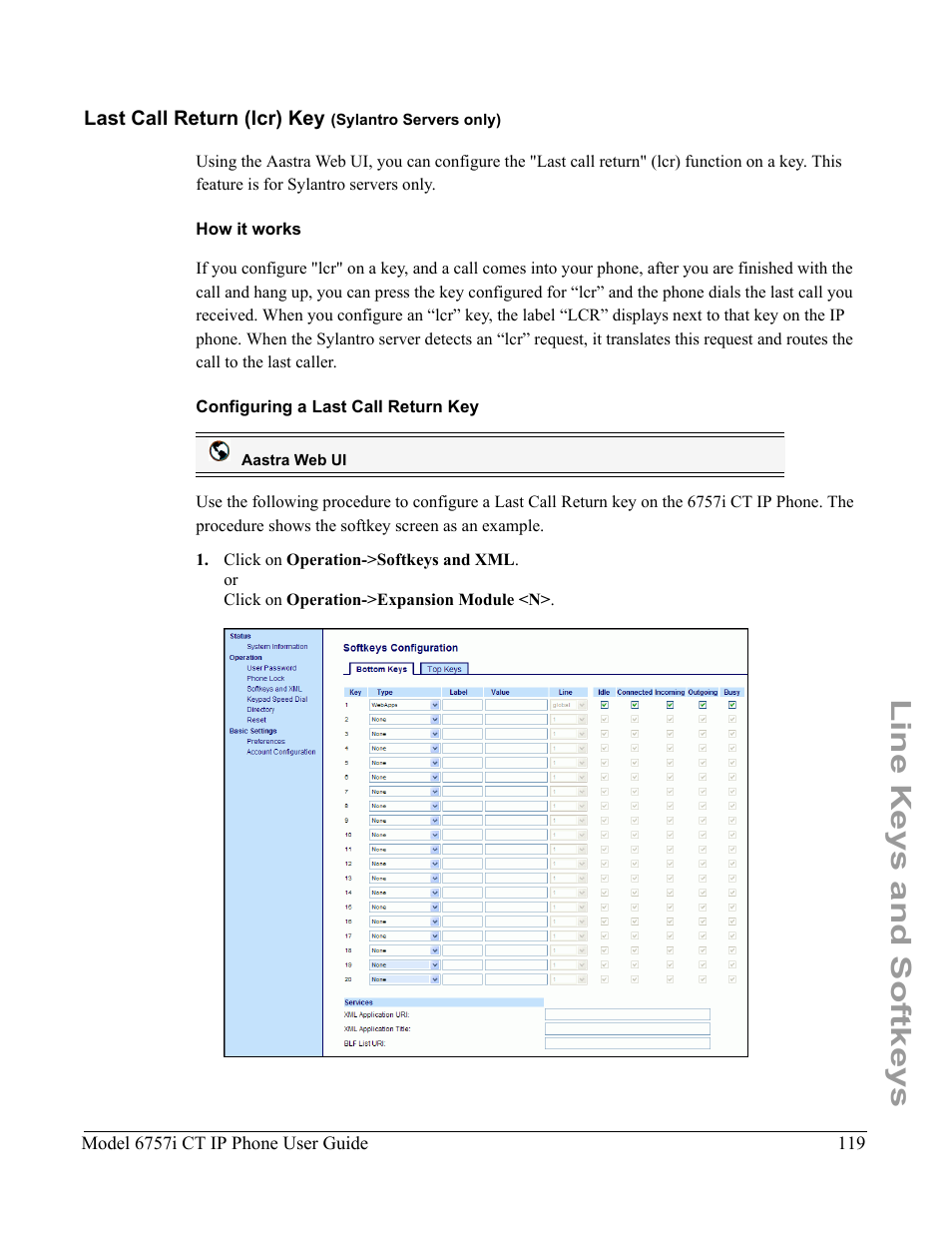 Last call return (lcr) key (sylantro servers only), How it works, Configuring a last call return key | Line keys and softkeys | Aastra Telecom 6757I CT User Manual | Page 129 / 310