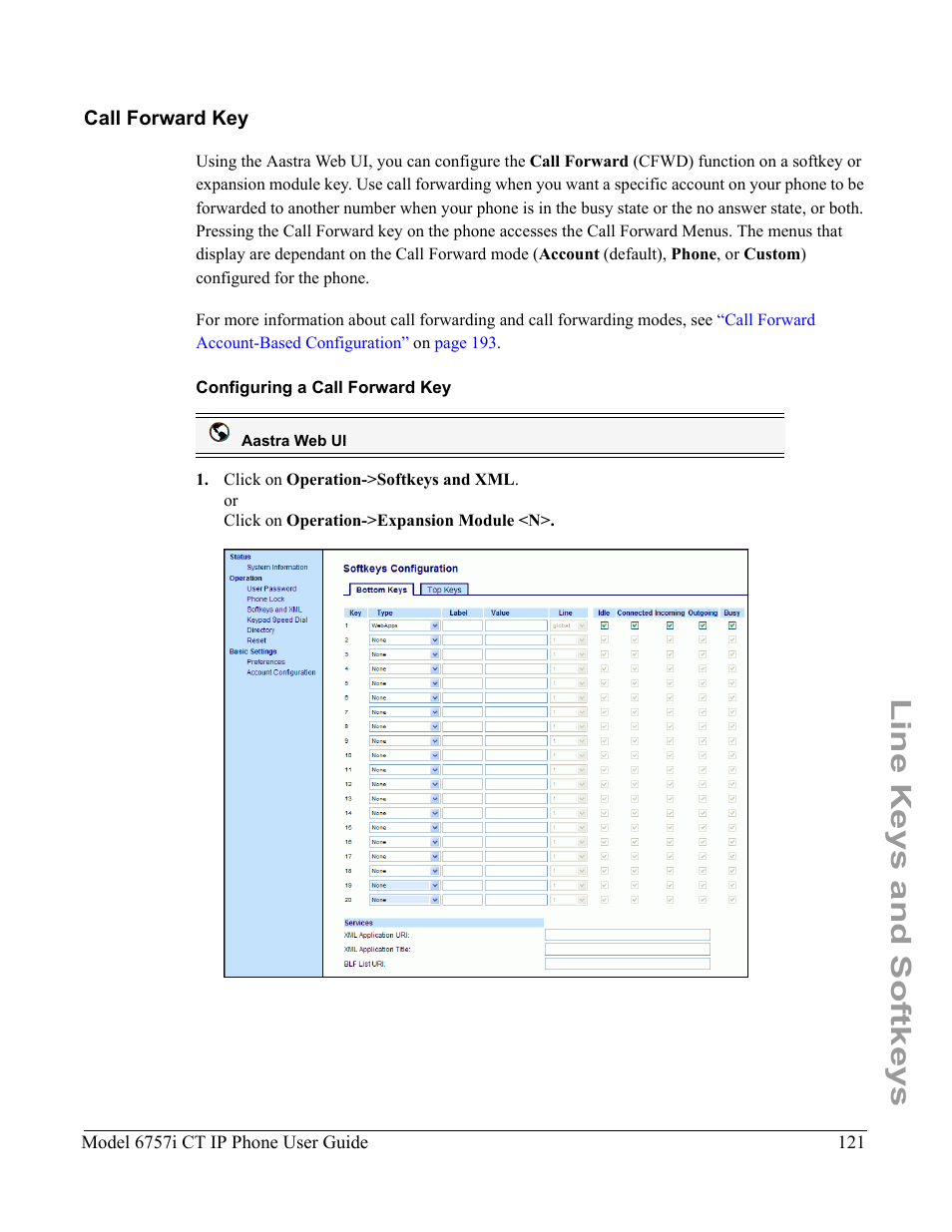 Call forward key, Configuring a call forward key, Line keys and softkeys | Aastra Telecom 6757I CT User Manual | Page 131 / 310