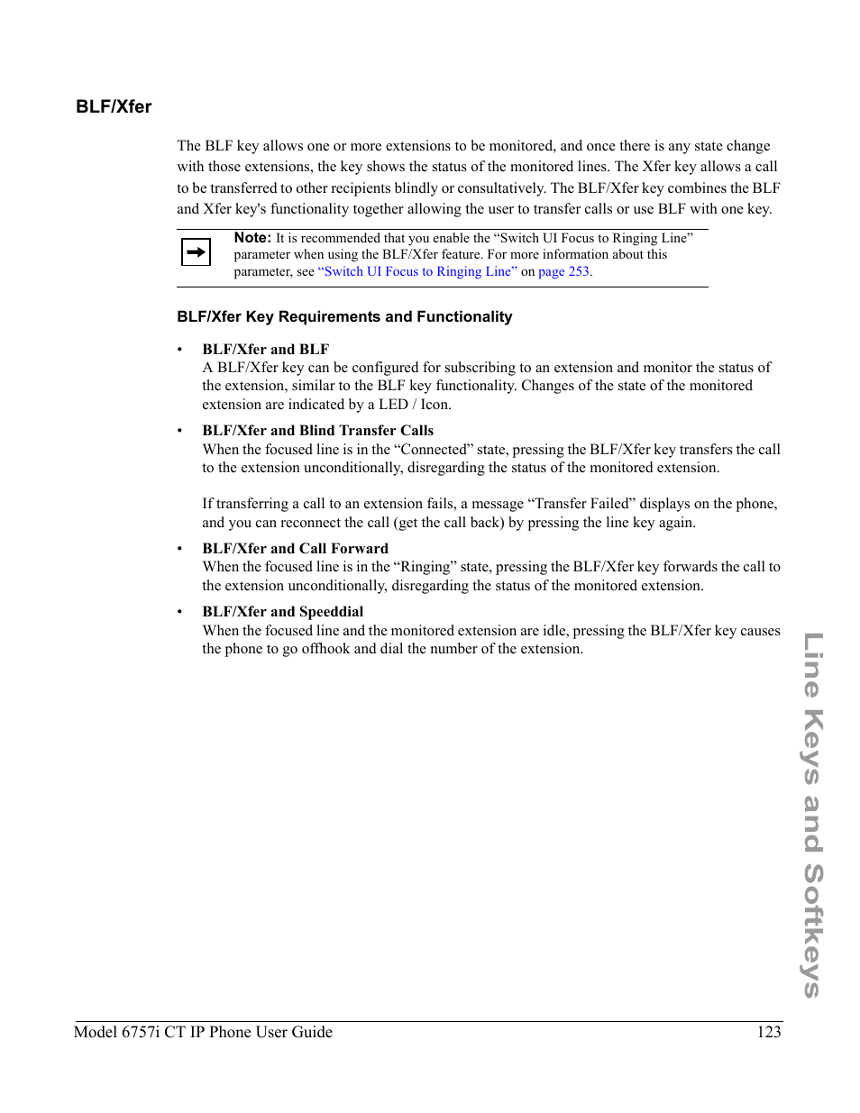 Blf/xfer, Blf/xfer key requirements and functionality, Line keys and softkeys | Aastra Telecom 6757I CT User Manual | Page 133 / 310