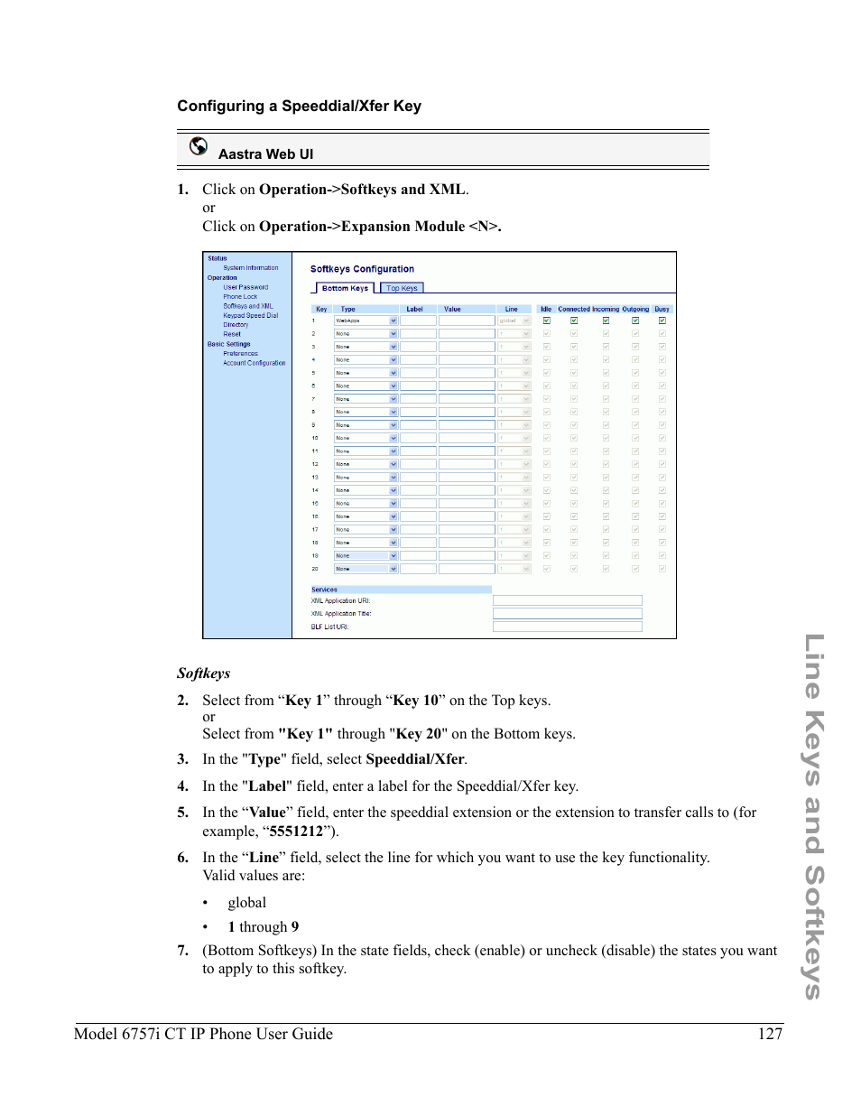 Configuring a speeddial/xfer key, Line keys and softkeys | Aastra Telecom 6757I CT User Manual | Page 137 / 310