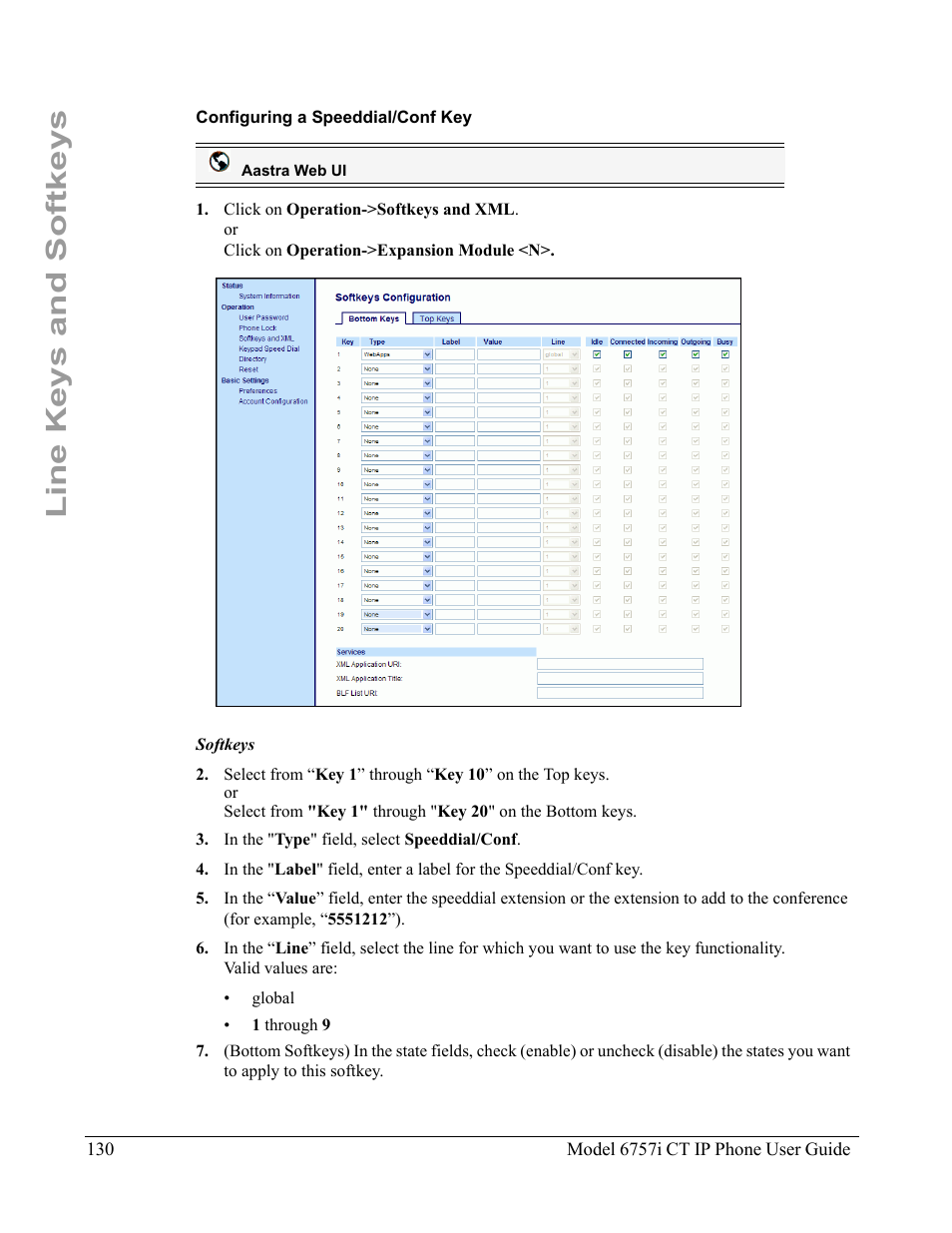 Configuring a speeddial/conf key, Line keys and softkeys | Aastra Telecom 6757I CT User Manual | Page 140 / 310