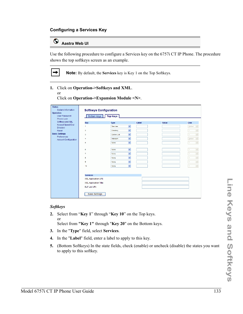 Configuring a services key, Line keys and softkeys | Aastra Telecom 6757I CT User Manual | Page 143 / 310