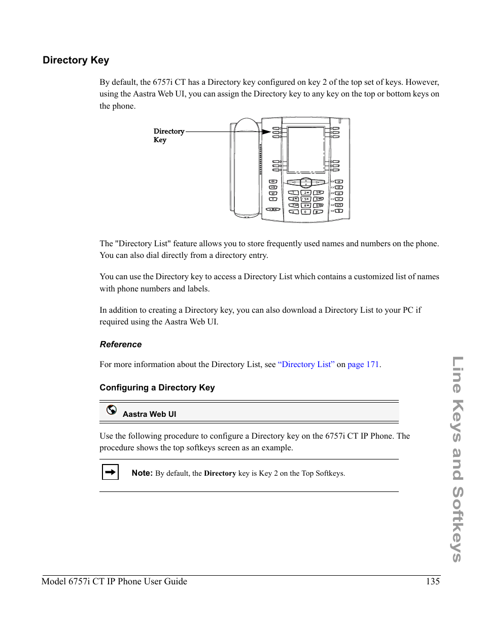 Directory key, Reference, Configuring a directory key | Line keys and softkeys | Aastra Telecom 6757I CT User Manual | Page 145 / 310