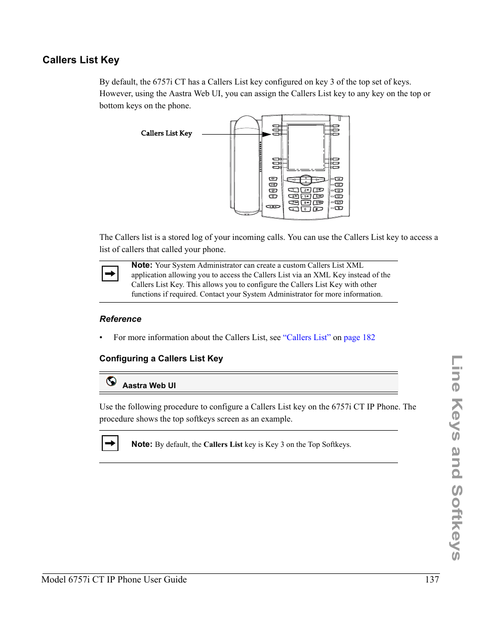 Callers list key, Reference, Configuring a callers list key | Line keys and softkeys | Aastra Telecom 6757I CT User Manual | Page 147 / 310