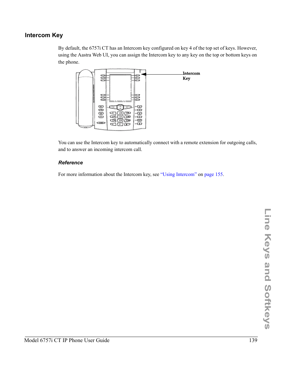 Intercom key, Reference, Line keys and softkeys | Aastra Telecom 6757I CT User Manual | Page 149 / 310