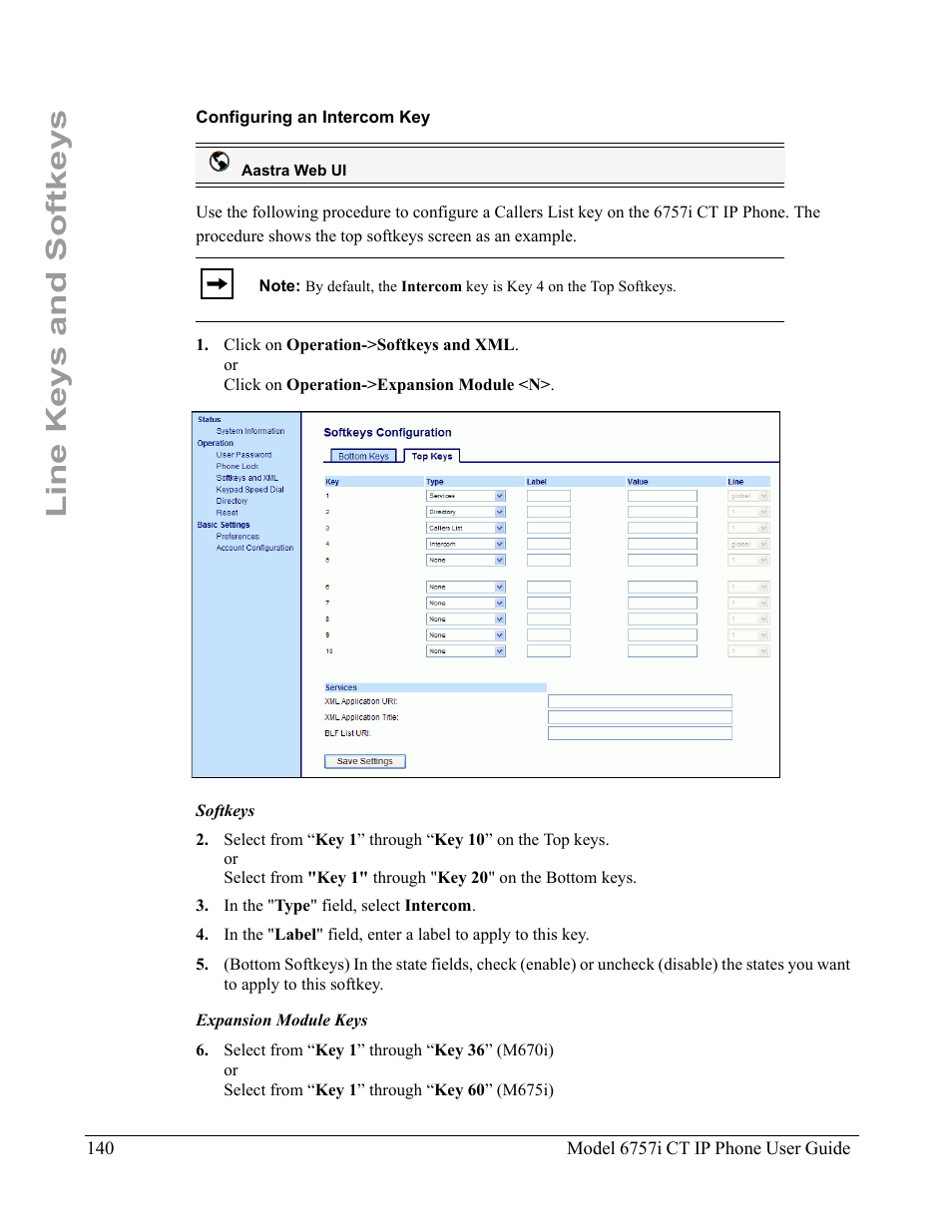 Configuring an intercom key, Line keys and softkeys | Aastra Telecom 6757I CT User Manual | Page 150 / 310