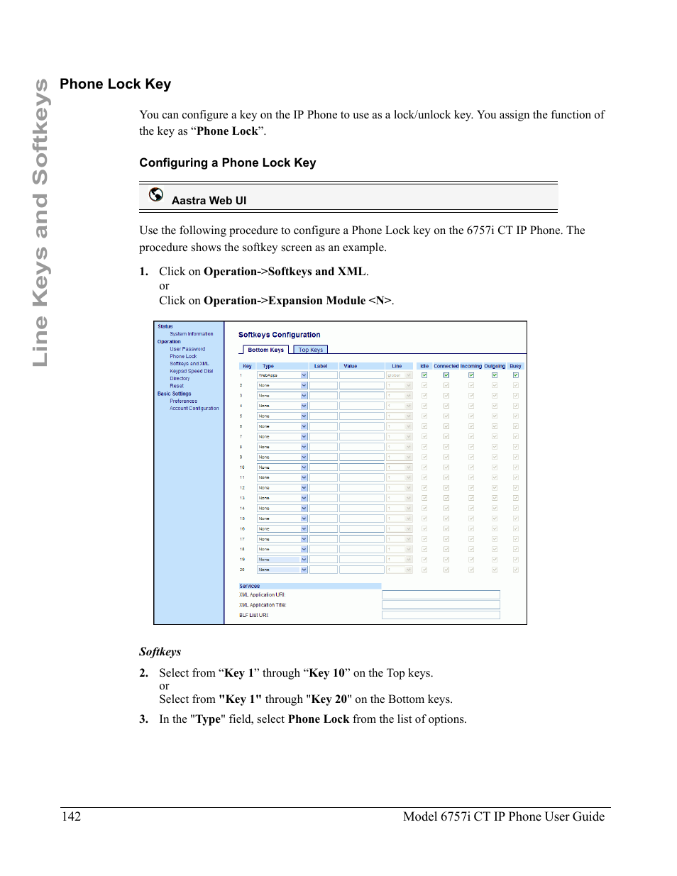 Phone lock key, Configuring a phone lock key, Line keys and softkeys | Aastra Telecom 6757I CT User Manual | Page 152 / 310