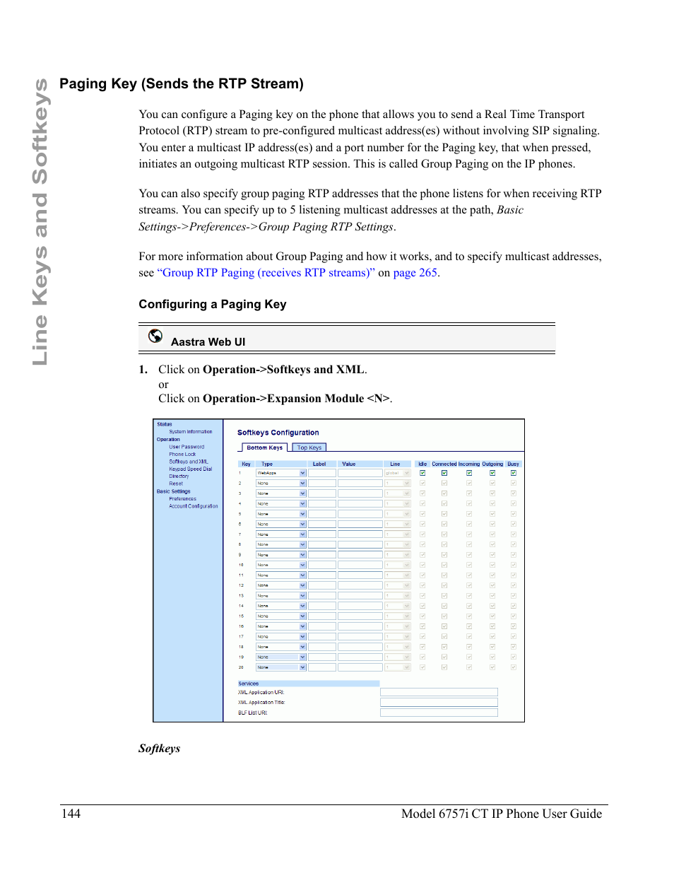 Paging key (sends the rtp stream), Configuring a paging key, Line keys and softkeys | Aastra Telecom 6757I CT User Manual | Page 154 / 310
