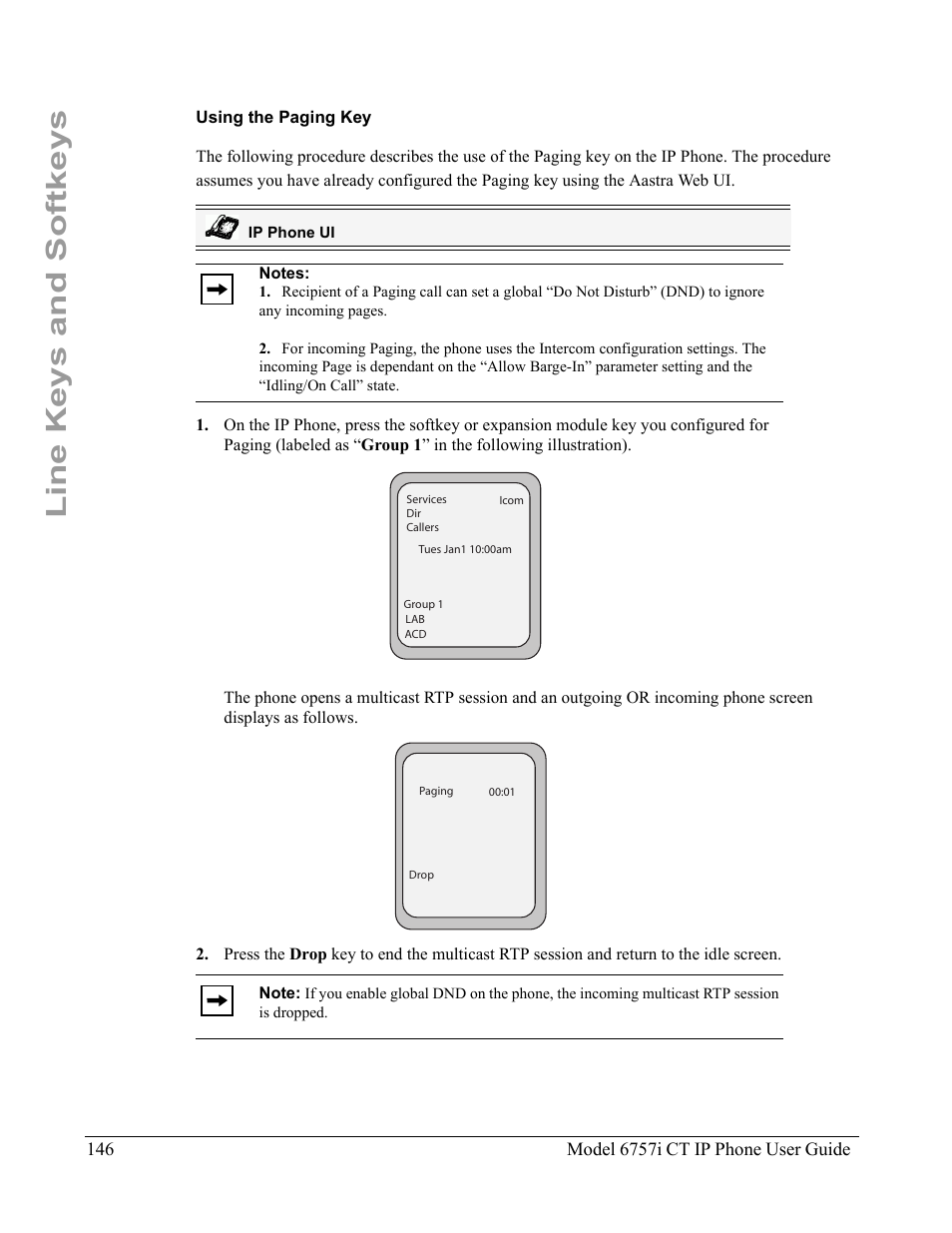 Using the paging key, Line keys and softkeys | Aastra Telecom 6757I CT User Manual | Page 156 / 310