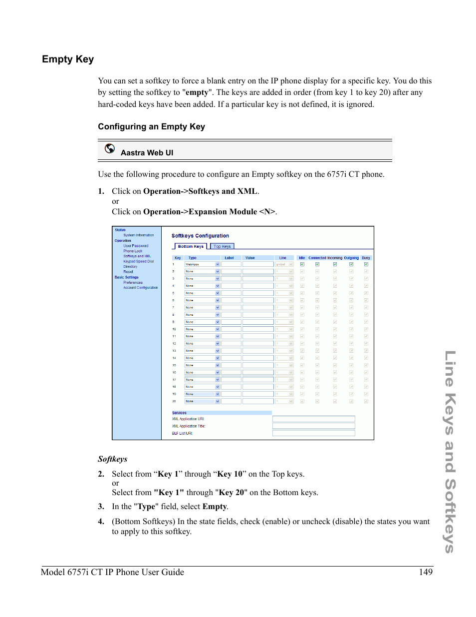 Empty key, Configuring an empty key, Line keys and softkeys | Aastra Telecom 6757I CT User Manual | Page 159 / 310