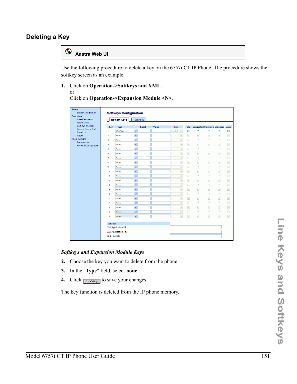 Deleting a key, Line keys and softkeys | Aastra Telecom 6757I CT User Manual | Page 161 / 310