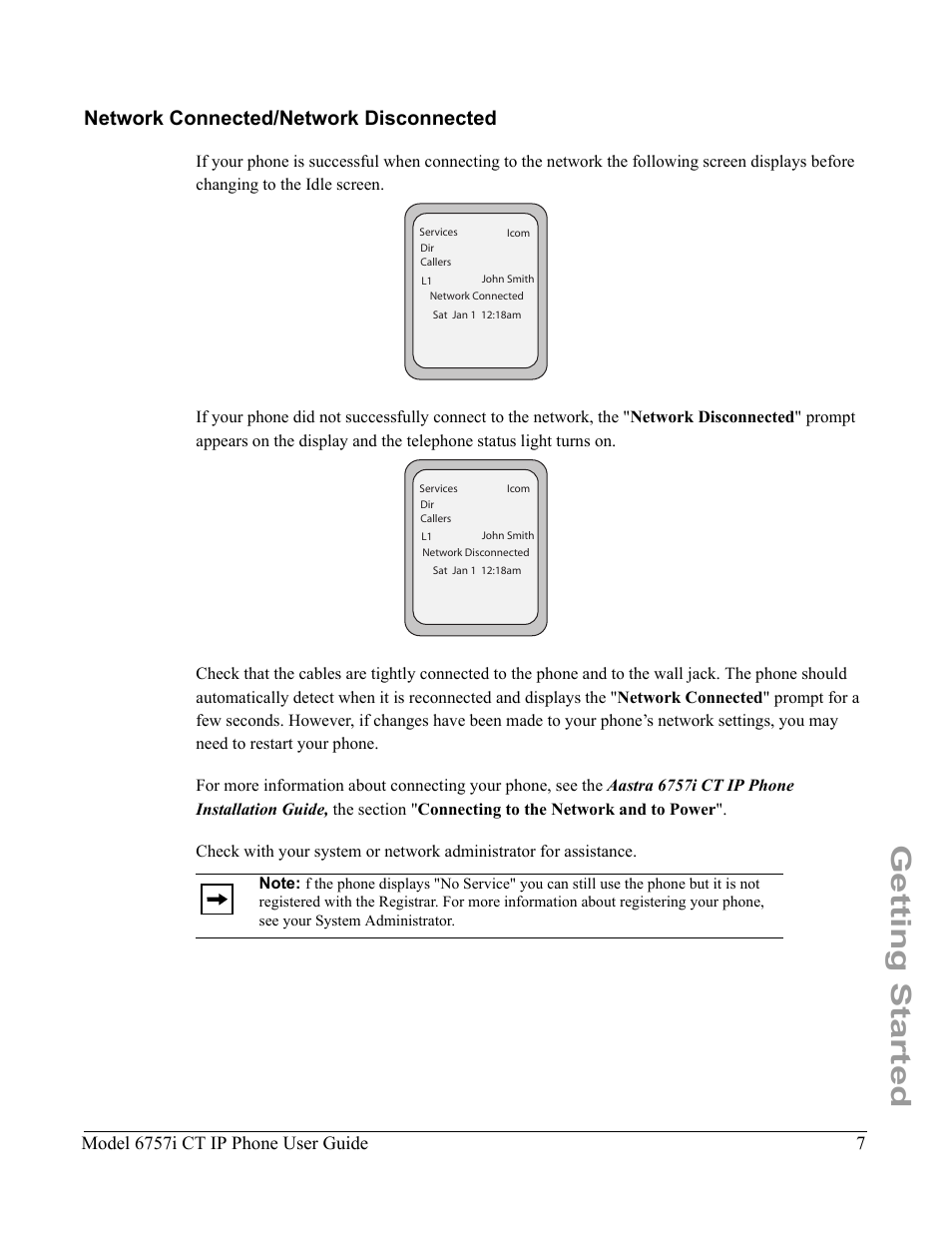 Network connected/network disconnected, Getting started, Model 6757i ct ip phone user guide | Aastra Telecom 6757I CT User Manual | Page 17 / 310