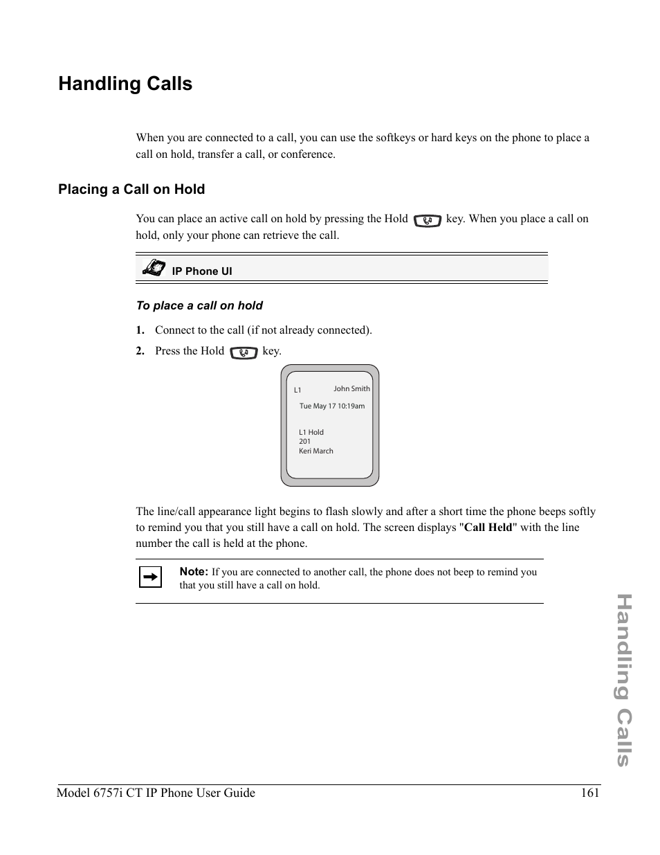 Handling calls, Placing a call on hold, To place a call on hold | Aastra Telecom 6757I CT User Manual | Page 171 / 310
