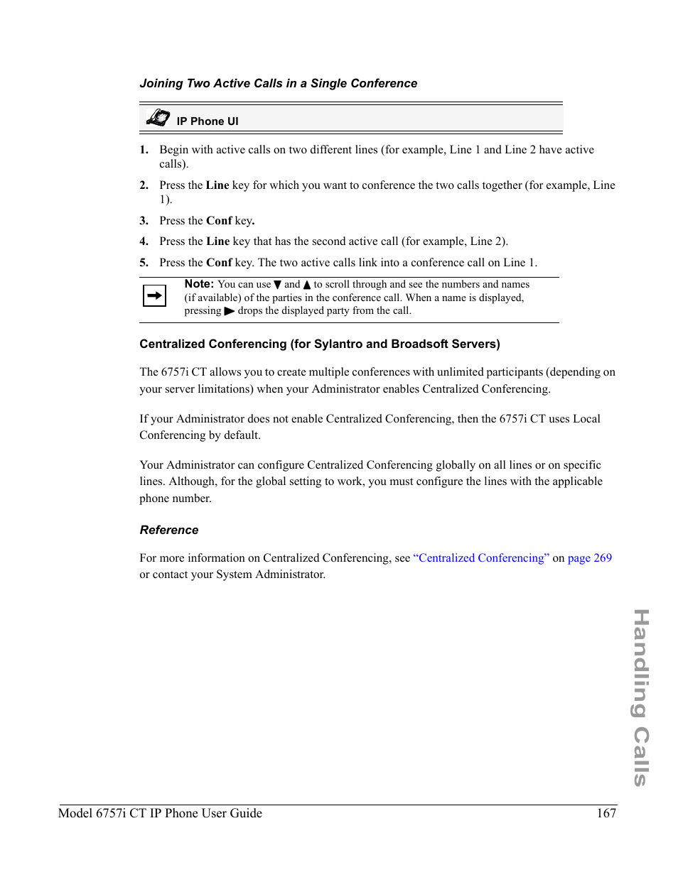 Joining two active calls in a single conference, Reference, Handling calls | Aastra Telecom 6757I CT User Manual | Page 177 / 310