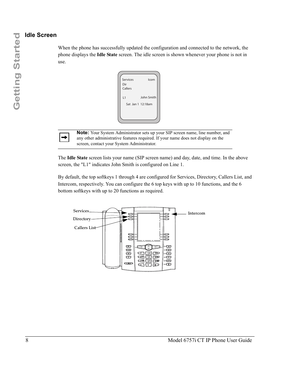 Idle screen, Getting started | Aastra Telecom 6757I CT User Manual | Page 18 / 310