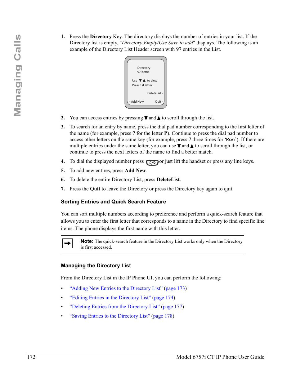 Sorting entries and quick search feature, Managing the directory list, Managing calls | Aastra Telecom 6757I CT User Manual | Page 182 / 310