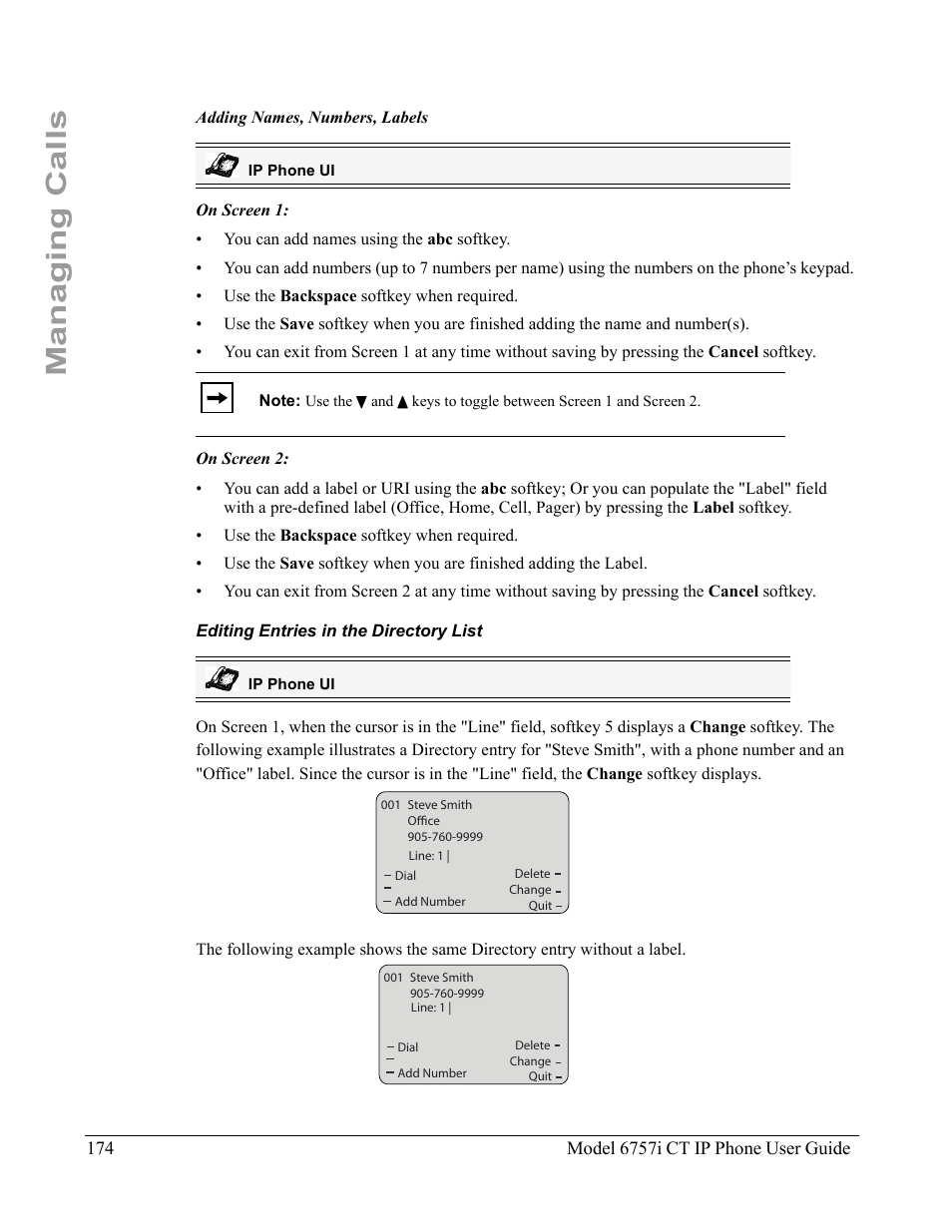 Editing entries in the directory list, Managing calls | Aastra Telecom 6757I CT User Manual | Page 184 / 310