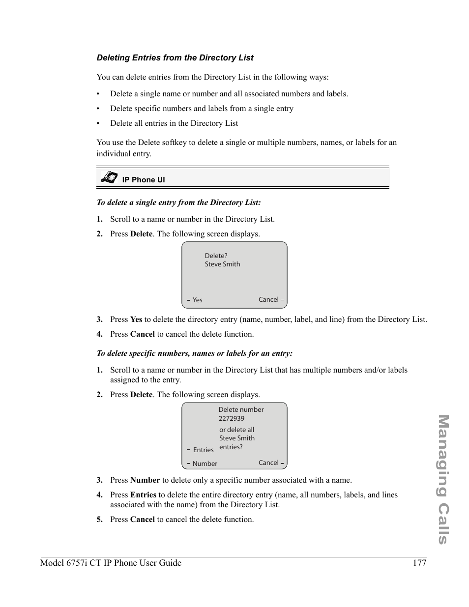 Deleting entries from the directory list, Managing calls | Aastra Telecom 6757I CT User Manual | Page 187 / 310