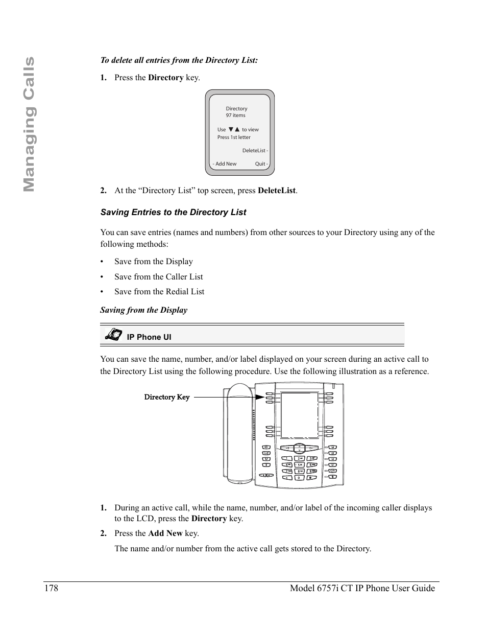 Saving entries to the directory list, Managing calls | Aastra Telecom 6757I CT User Manual | Page 188 / 310