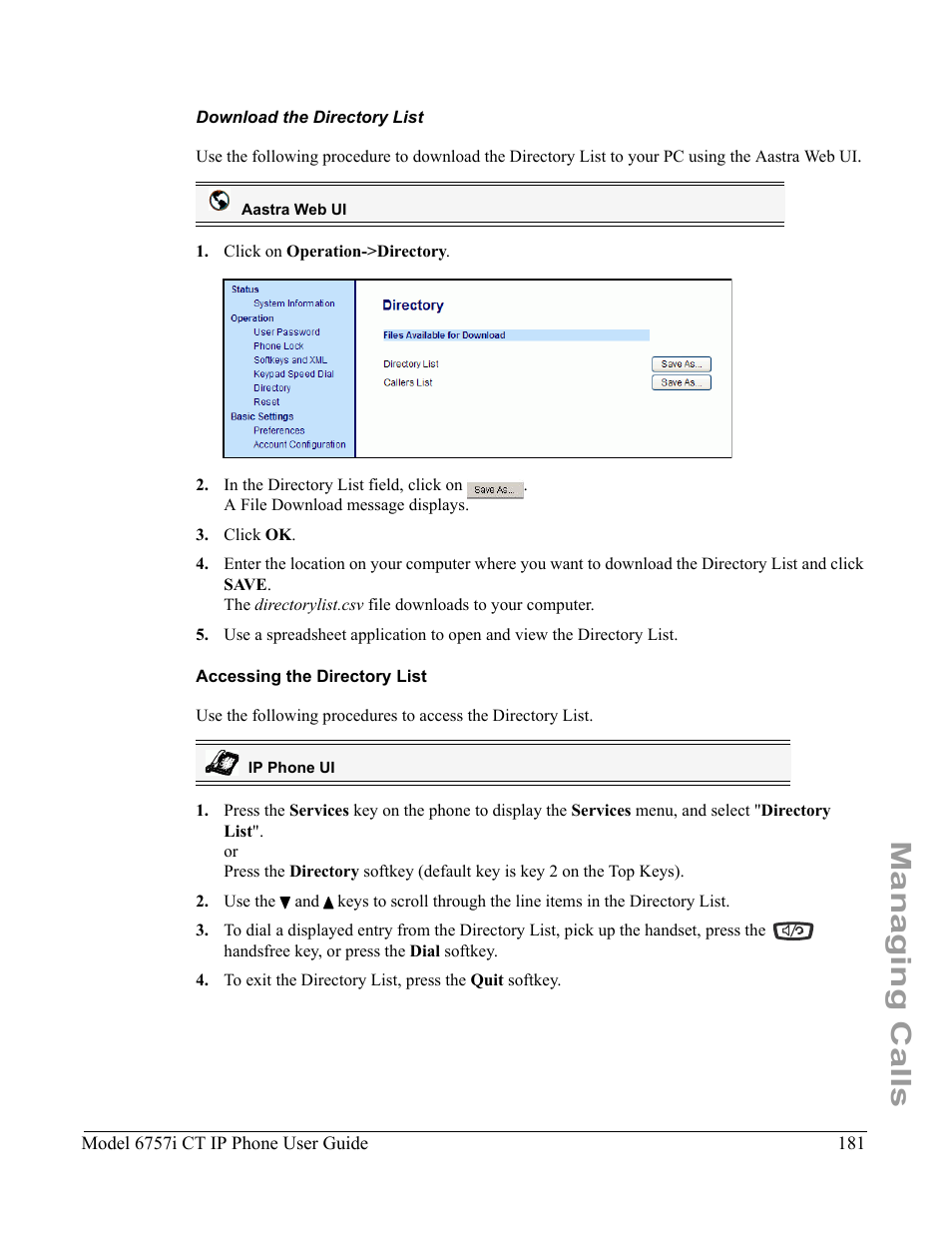 Download the directory list, Accessing the directory list, Managing calls | Aastra Telecom 6757I CT User Manual | Page 191 / 310