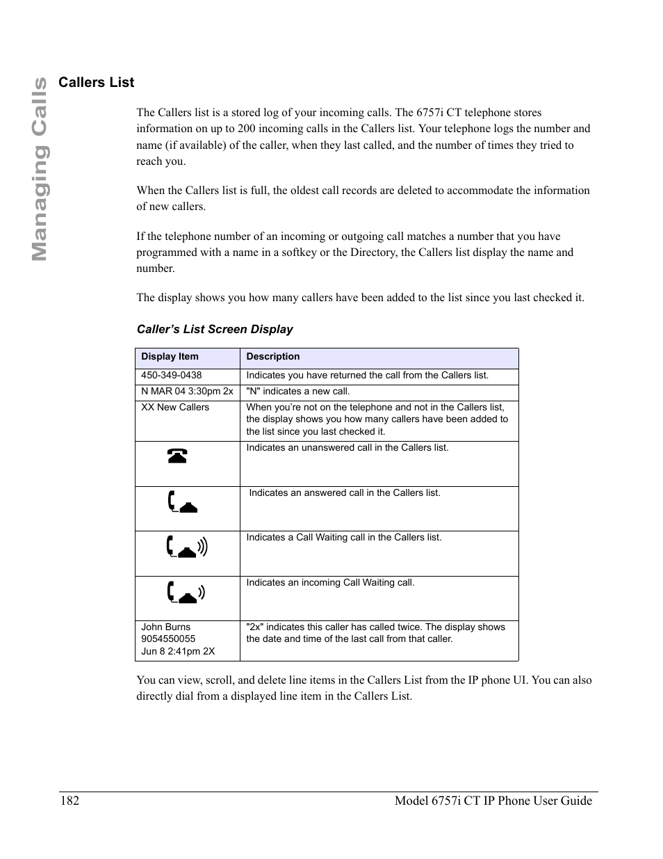 Callers list, Caller’s list screen display, About the callers list, see | Managing calls | Aastra Telecom 6757I CT User Manual | Page 192 / 310