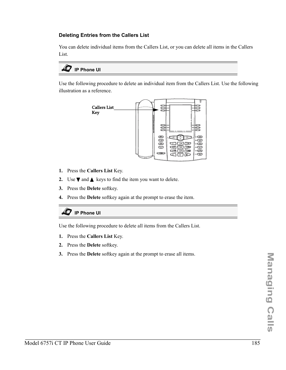 Deleting entries from the callers list, Managing calls | Aastra Telecom 6757I CT User Manual | Page 195 / 310