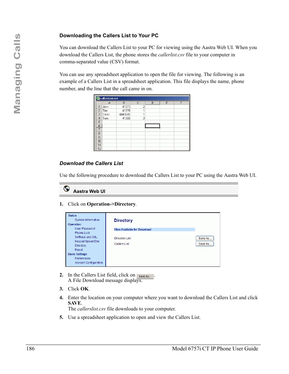 Downloading the callers list to your pc, Download the callers list, Managing calls | Aastra Telecom 6757I CT User Manual | Page 196 / 310