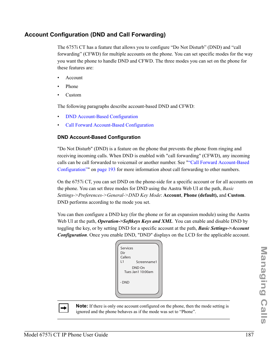 Account configuration (dnd and call forwarding), Dnd account-based configuration, Managing calls | Aastra Telecom 6757I CT User Manual | Page 197 / 310