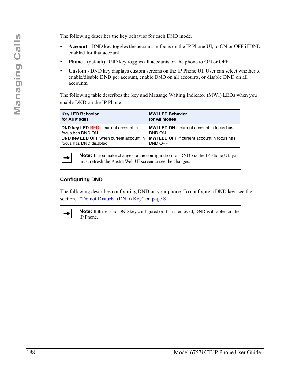 Configuring dnd, Managing calls | Aastra Telecom 6757I CT User Manual | Page 198 / 310