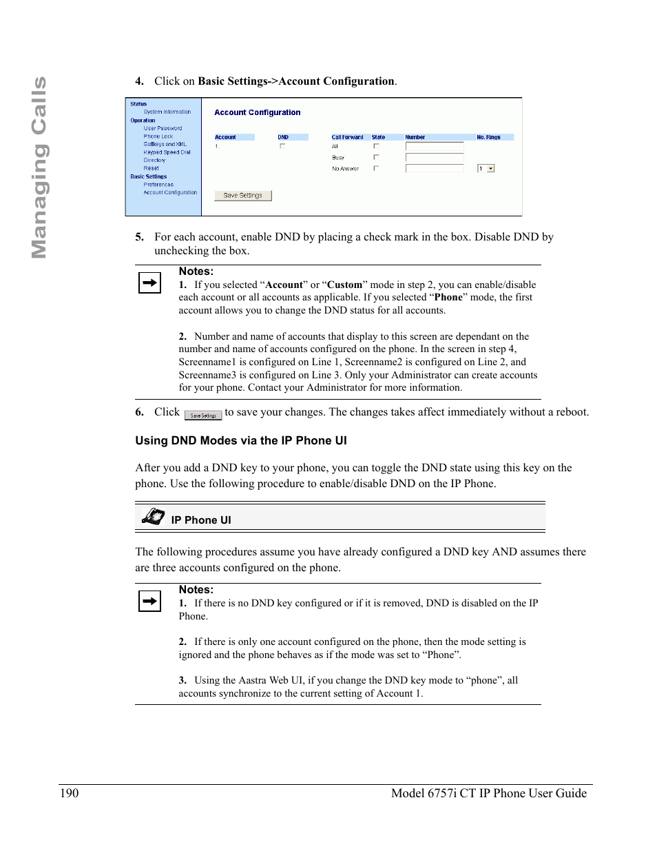 Using dnd modes via the ip phone ui, Managing calls | Aastra Telecom 6757I CT User Manual | Page 200 / 310