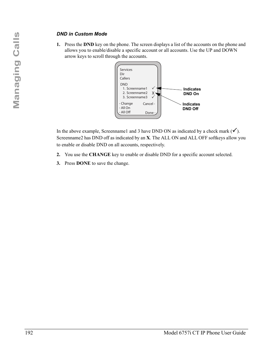 Dnd in custom mode, Managing calls | Aastra Telecom 6757I CT User Manual | Page 202 / 310