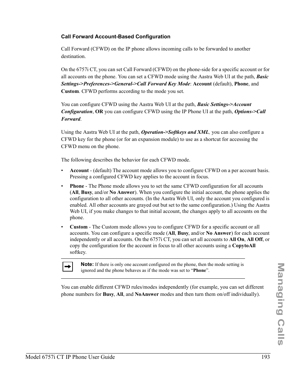 Call forward account-based configuration, Call forward, Account-based configuration | Call forward account-based, Configuration, Managing calls | Aastra Telecom 6757I CT User Manual | Page 203 / 310