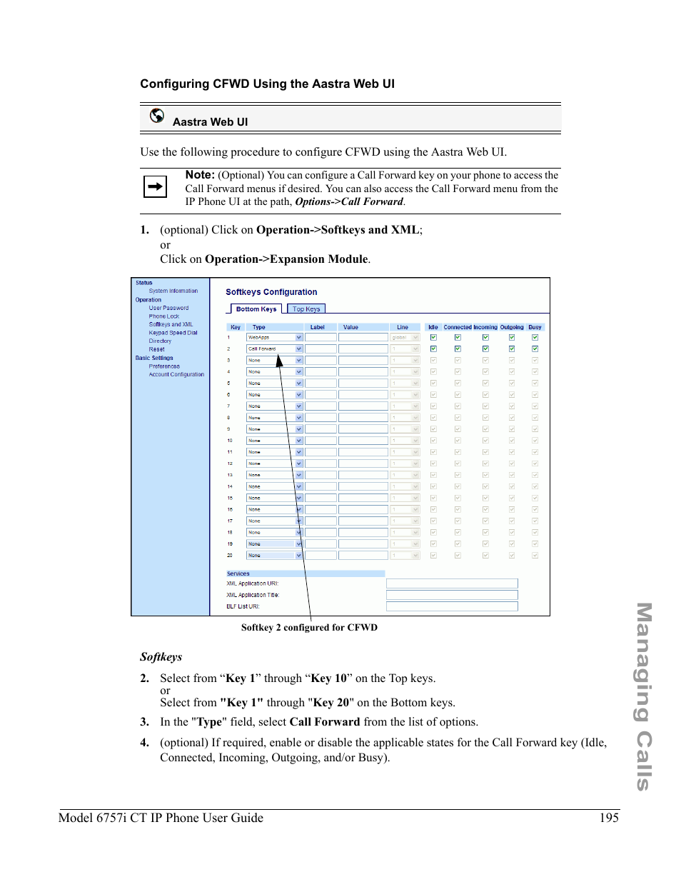Configuring cfwd using the aastra web ui, Managing calls | Aastra Telecom 6757I CT User Manual | Page 205 / 310