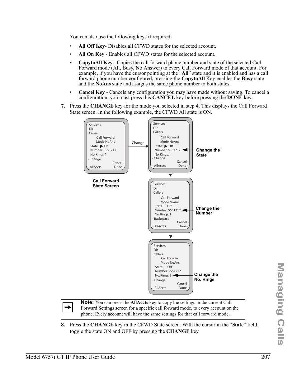 Managing calls, Model 6757i ct ip phone user guide | Aastra Telecom 6757I CT User Manual | Page 217 / 310