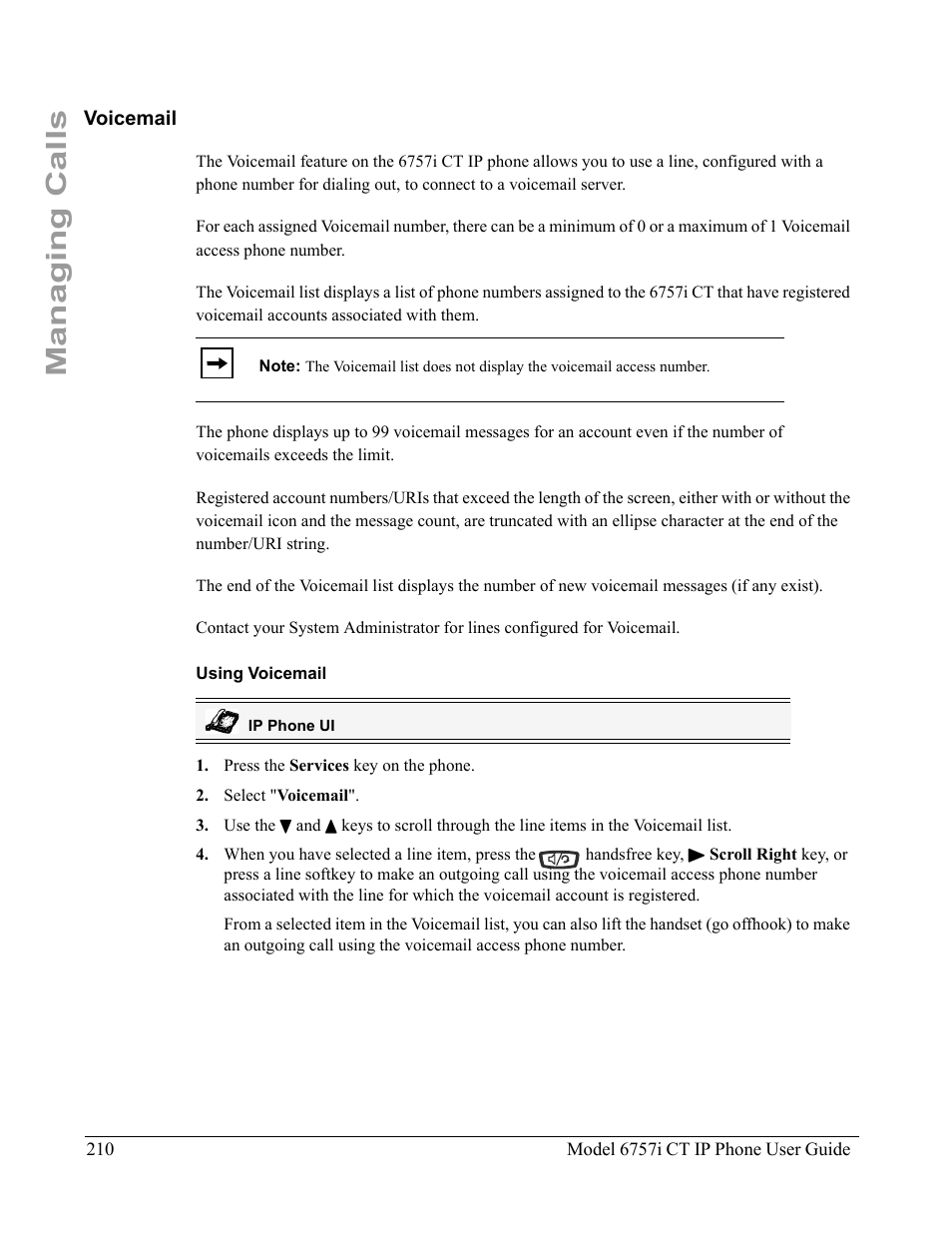 Voicemail, Using voicemail, Managing calls | Aastra Telecom 6757I CT User Manual | Page 220 / 310