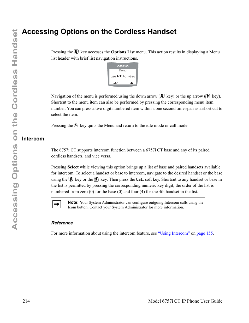 Accessing options on the cordless handset, Intercom, Reference | Aastra Telecom 6757I CT User Manual | Page 224 / 310