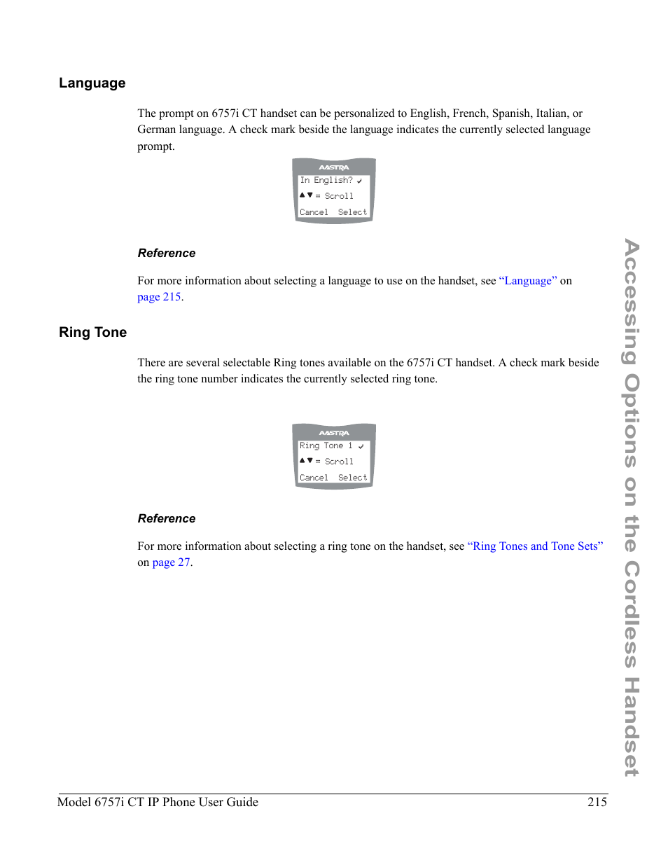 Language, Reference, Ring tone | Language ring tone, Accessing options on the cordless handset | Aastra Telecom 6757I CT User Manual | Page 225 / 310