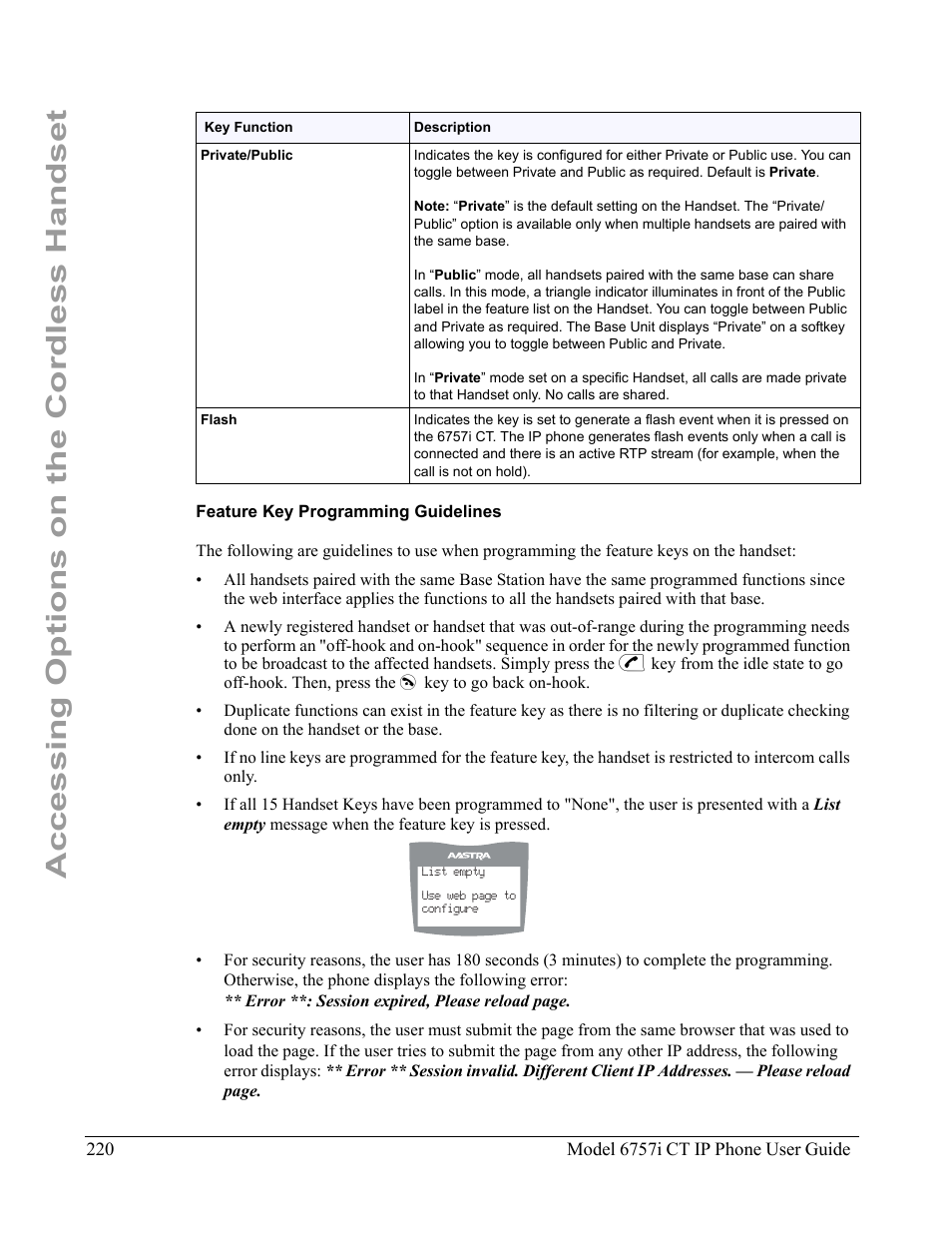 Feature key programming guidelines, Accessing options on the cordless handset | Aastra Telecom 6757I CT User Manual | Page 230 / 310
