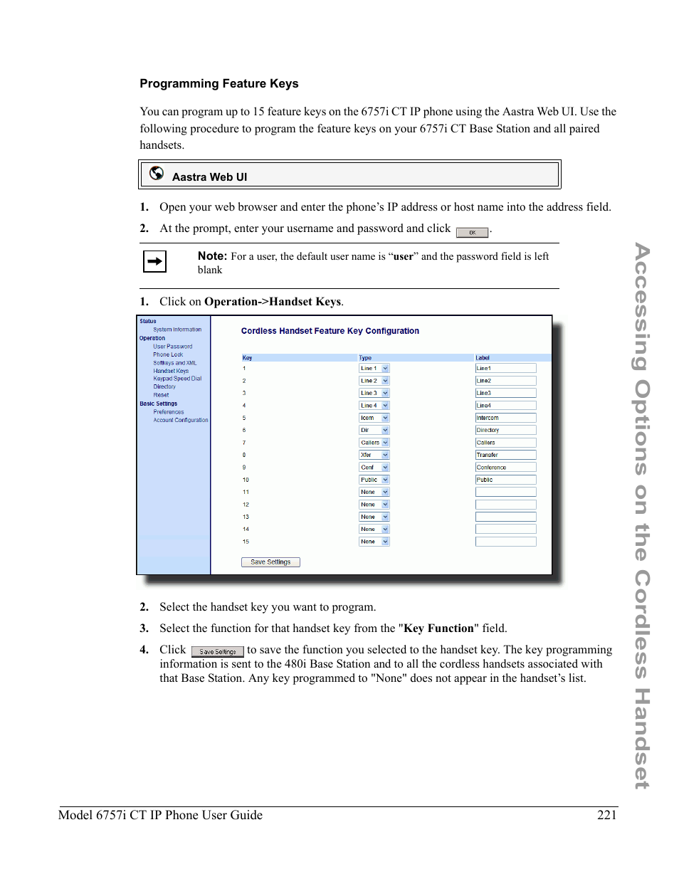 Programming feature keys, Accessing options on the cordless handset | Aastra Telecom 6757I CT User Manual | Page 231 / 310