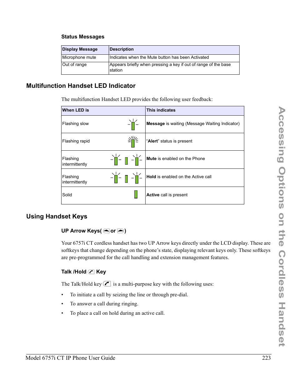 Status messages, Multifunction handset led indicator, Using handset keys | Up arrow keys( {or }), Talk /hold v key, See the section, Accessing options on the cordless handset | Aastra Telecom 6757I CT User Manual | Page 233 / 310