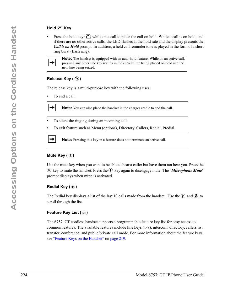 Hold v key, Release key ( y), Mute key ( æ) | Redial key ( ß), Feature key list ( ï), Accessing options on the cordless handset | Aastra Telecom 6757I CT User Manual | Page 234 / 310