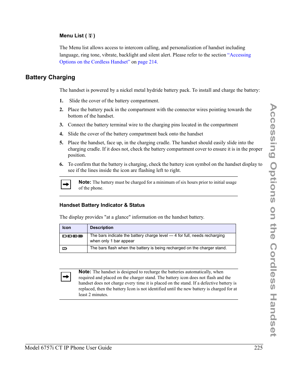 Menu list ( â), Battery charging, Handset battery indicator & status | Accessing options on the cordless handset | Aastra Telecom 6757I CT User Manual | Page 235 / 310